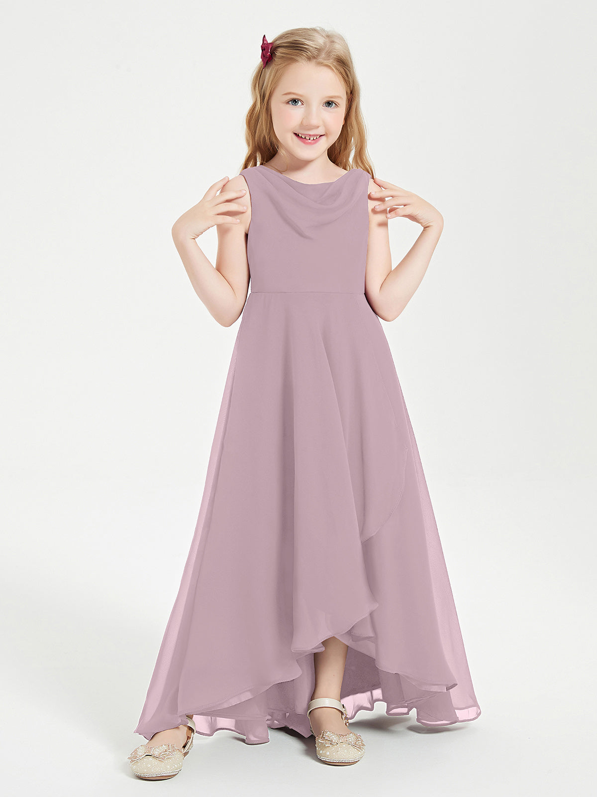Modern Asymmetrical Cowl Neck Junior Bridesmaid Dresses Dusk